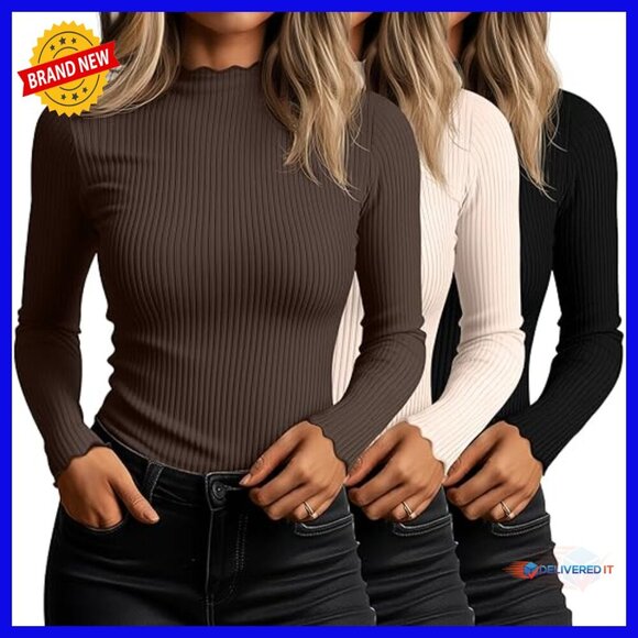 Tops - 3 Pack Slim Fit Ribbed Mock Turtleneck Tops Cotton Long Sleeve Tees